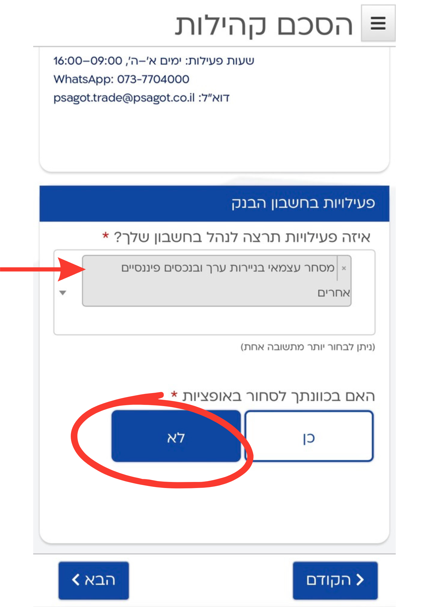 שלב 2 - סוג הפעילות והרשאות מסחר